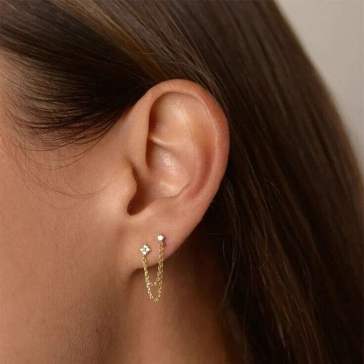 0.08Ct Round Cut Stud Earrings Flower Double Stud Chain Earrings Gift For Her