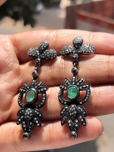 Emerald Gemstone Dangle Earring 925 Sterling Silver Black Rodium Earrings