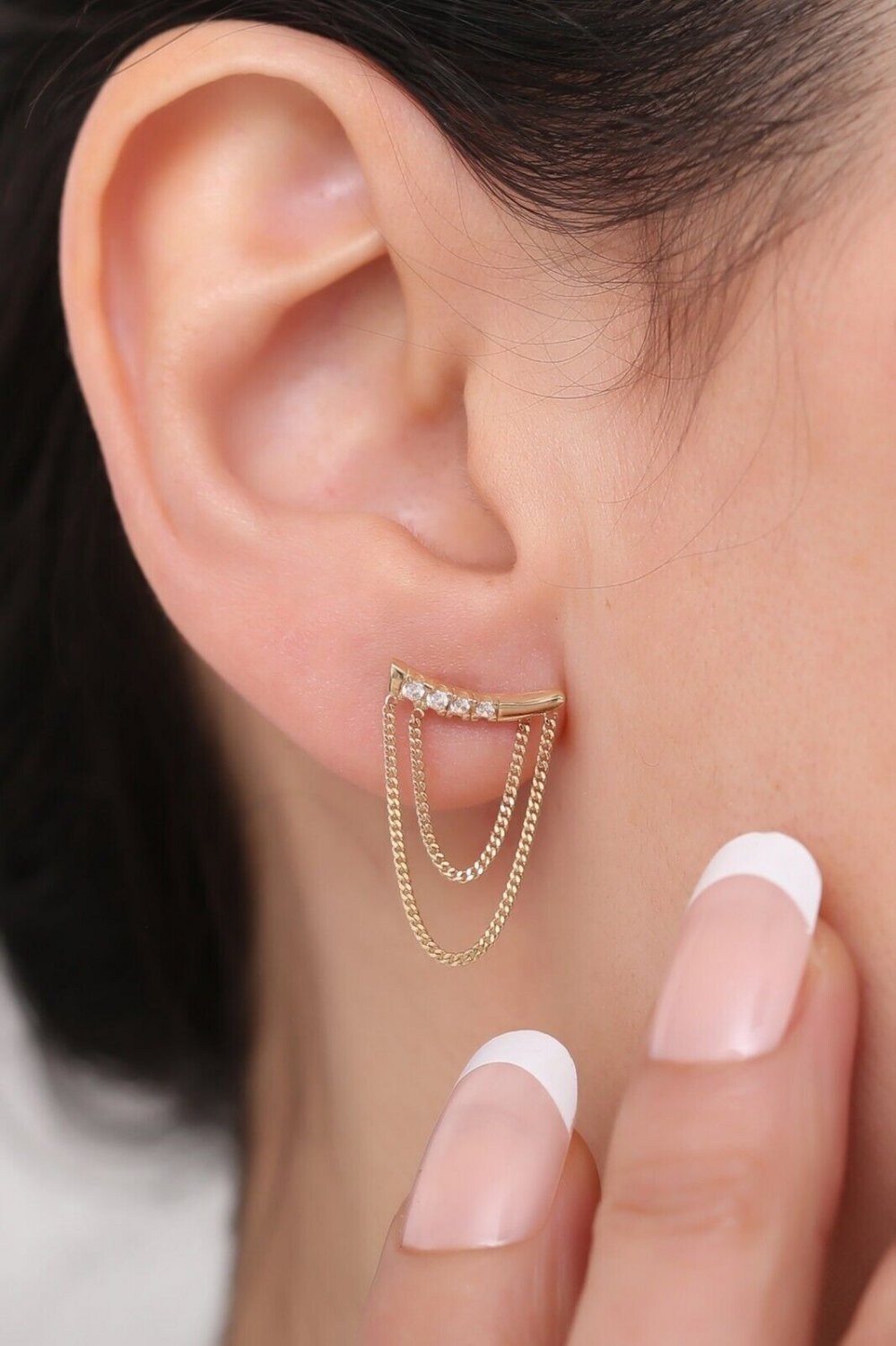 Round Simulated Double Chain Stud Earring Stylish Single Earring Wedding Gift