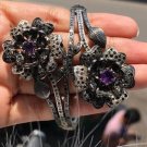 Amethyst Gemstone Flower Vintage Bracelet 925 Sterling Silver Art Deco Bracelet