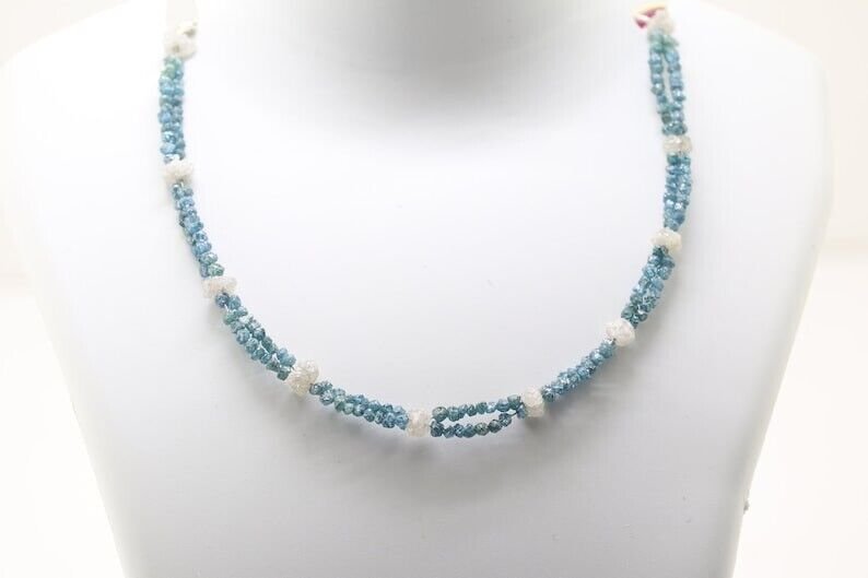 White & Blue Rough Diamond Beads Necklace Natural Loose Raw Diamond Necklace