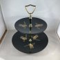Vintage Tiered Black Tidbit Serving Tray Couroc of Monterey EUC Perched Owls Autumn Halloween USA
