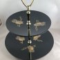 Vintage Tiered Black Tidbit Serving Tray Couroc of Monterey EUC Perched Owls Autumn Halloween USA