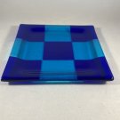 Modern Art Glass Checkered Cobalt & Aqua Square 6" Dish Nappy signed JJ 2000 VGUC