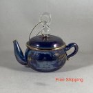 Hand Blown Glass Ornament Tea Pot Blue Violet Gold Etched EUC