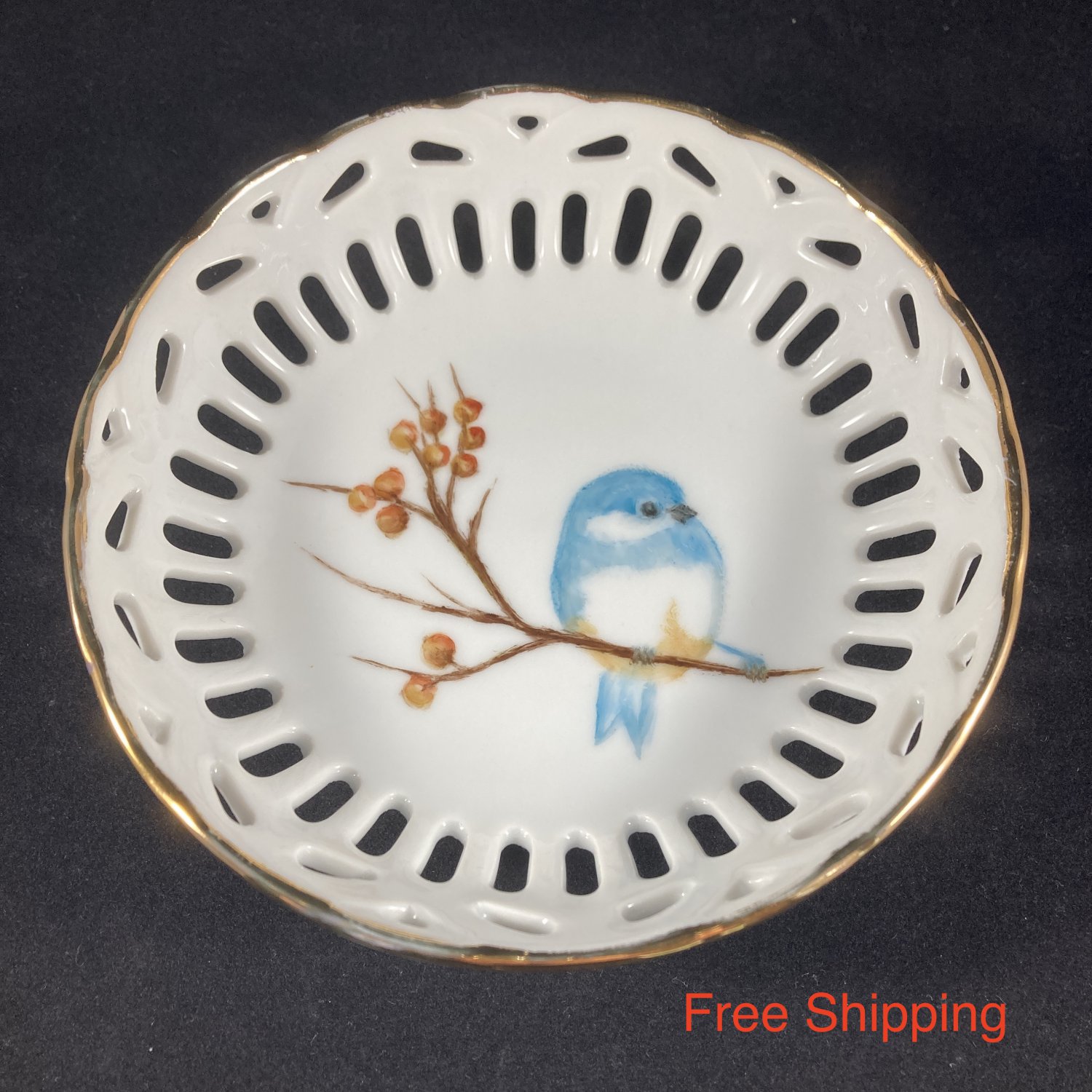 Hand Painted Trinket Nappy Bowl Dish Blue Bird on Branch Signed H. Chase VGUC USA