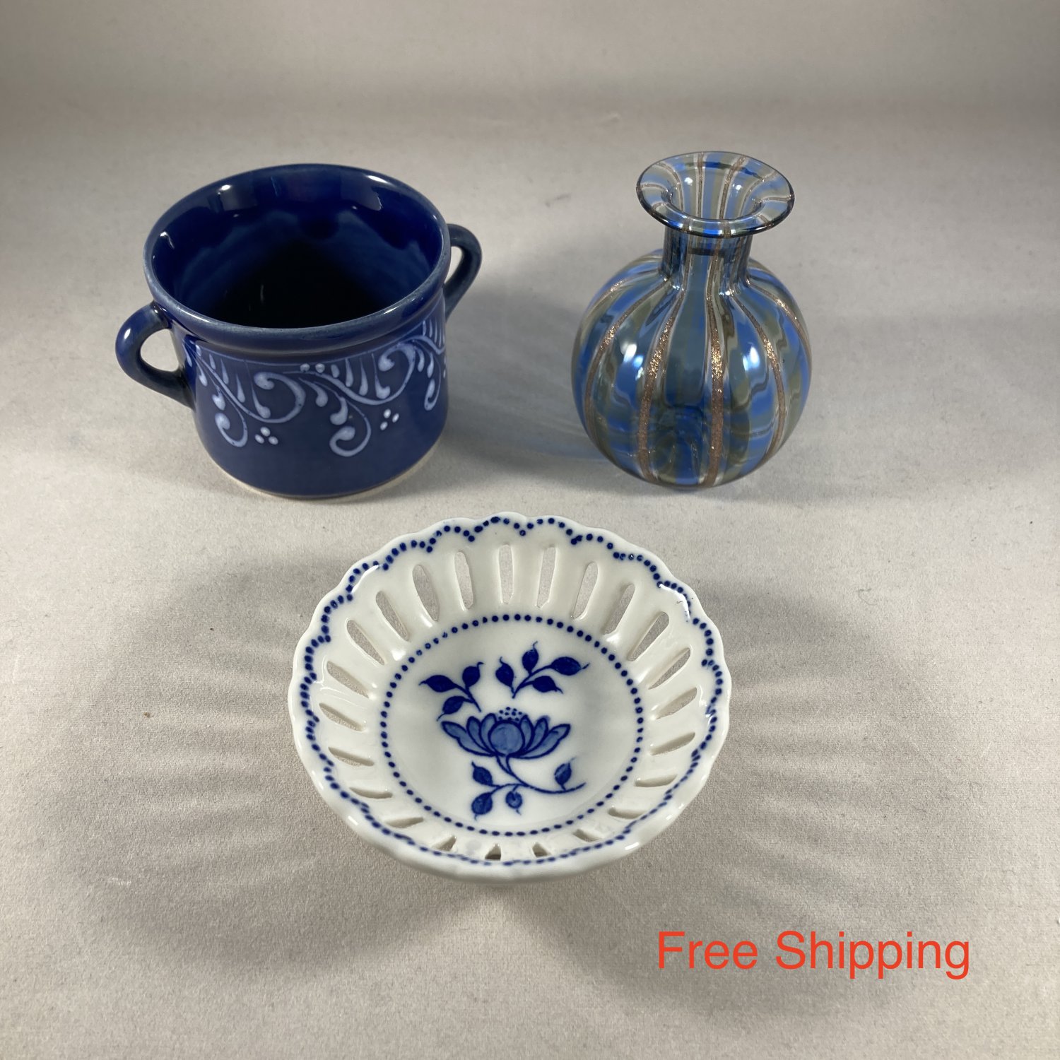 (3) Mini Set of Art Glass & Ceramic Pieces Vase Pot Nappy Blue EUC