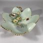 Green Leaf Dish Nappy Butterfly Ladybug Roses Gold Trim Hand Painted EUC USA 1977 Signed V. Otey