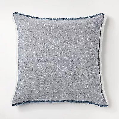 Oversized Reversible Linen Square Throw Pillow with Frayed Edges Blue 24"x24"