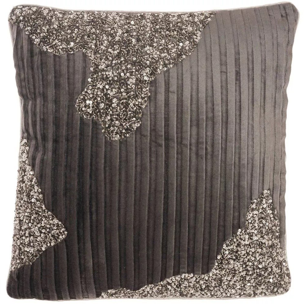 18"x18" Sofia Beaded Pleated Velvet Square Throw Pillow Charcoal/Pewter