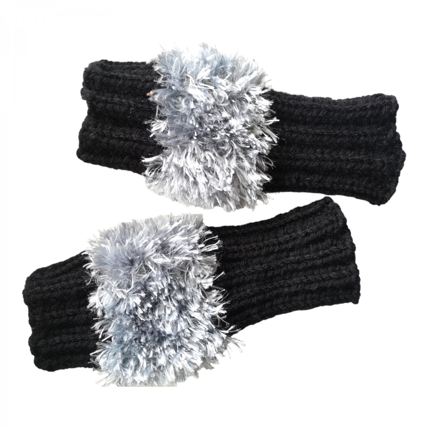 Black Gray Fuzzy Fingerless HandKnit Gloves Wrist Hand Warmer Oeko-tex