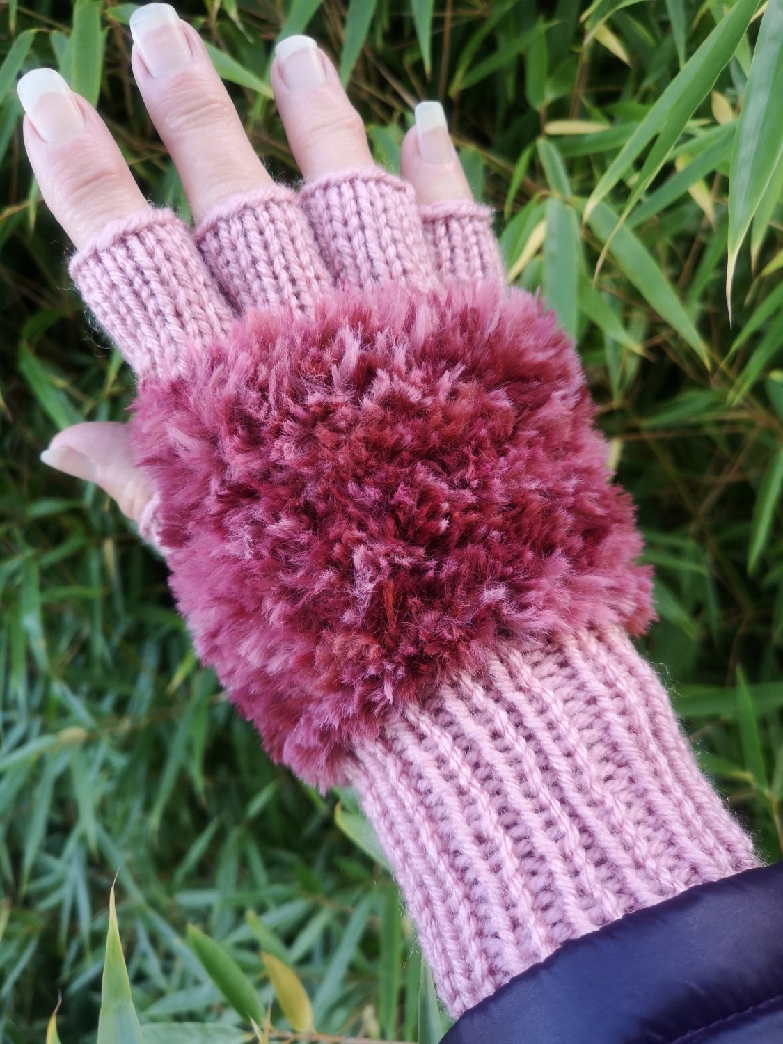 Rose Pink Handmade Knitted Fuzzy Plush Half Finger Texting Gloves