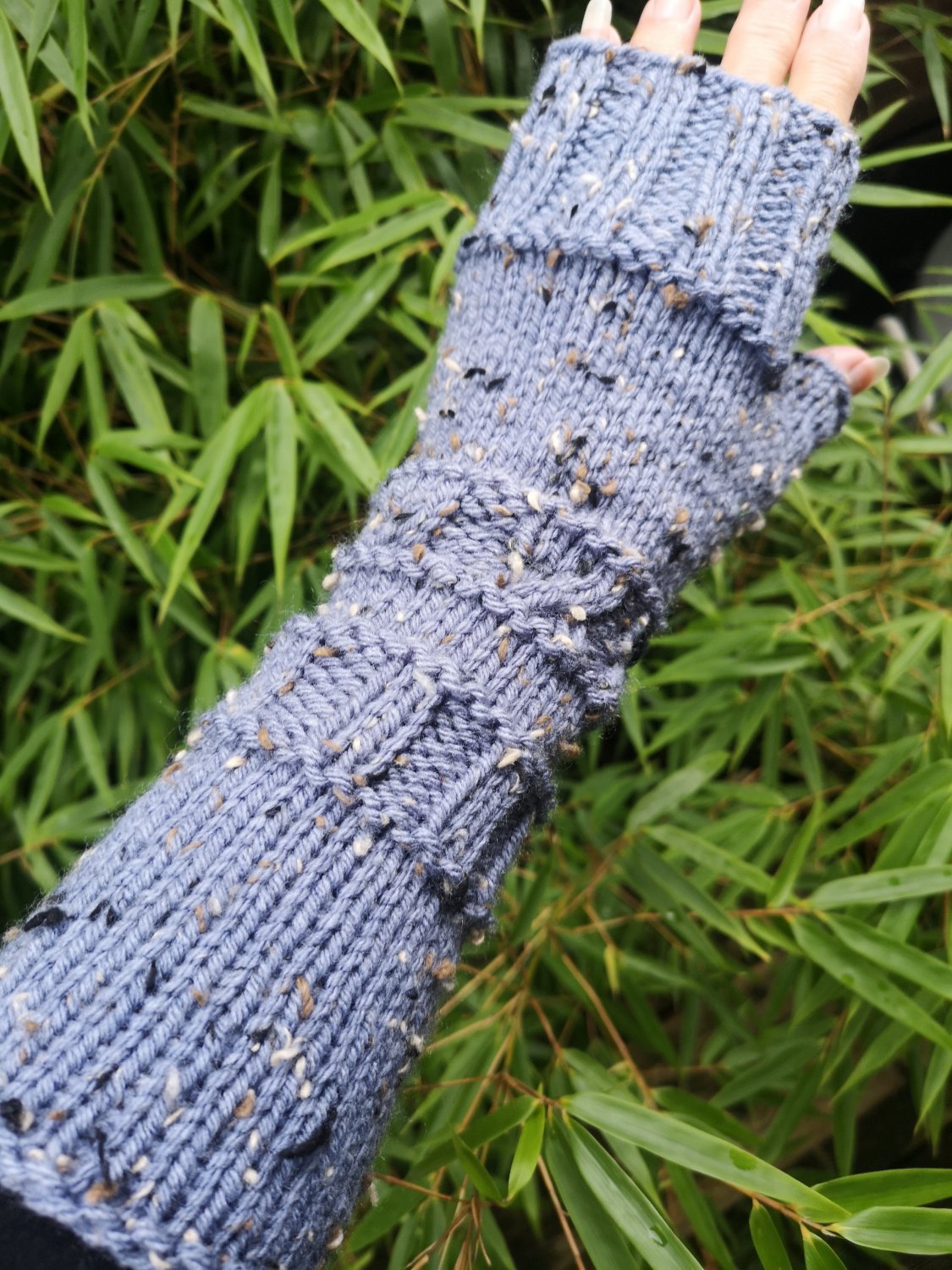 Denim Blue Warm Handmade Tweed Knit Fingerless Gloves ArmWarmer