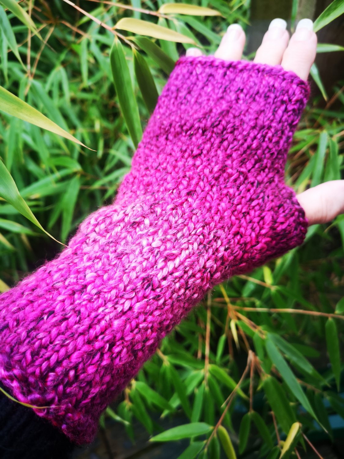 Pink Rose Garden Textured Handknitted Fingerless Gloves Mittens