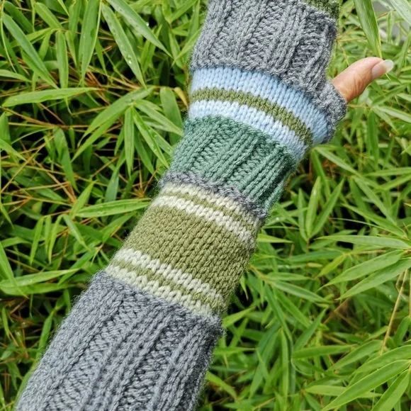 Green Gray Striped Multipattern Knit Fingerless Gloves Mittens Arm Warmer