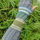 Green Gray Striped Multipattern Knit Fingerless Gloves Mittens Arm Warmer