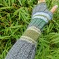 Green Gray Striped Multipattern Knit Fingerless Gloves Mittens Arm Warmer