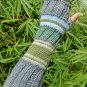 Green Gray Striped Multipattern Knit Fingerless Gloves Mittens Arm Warmer