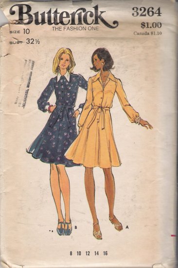 Vintage Sewing Pattern Misses' Semi-Fitted & Flared Dress 1970s Size 10 Butterick 3264 UNCUT