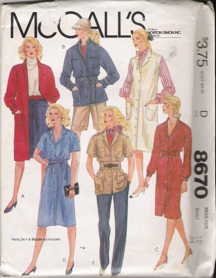 Misses' Coat Dress Jumper Sewing Pattern Size 12 McCall's 8670 UNCUT