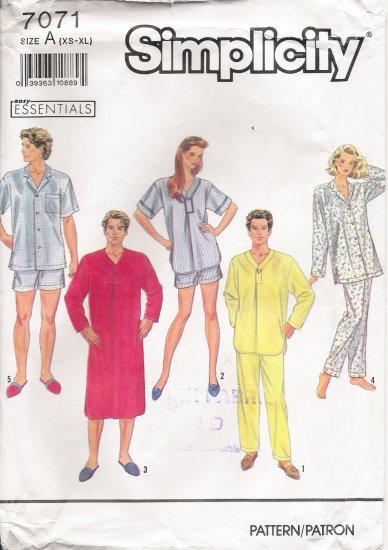 Misses', Men's Or Teen Boys Nightshirt & Pajamas Sewing Pattern Size XS ...