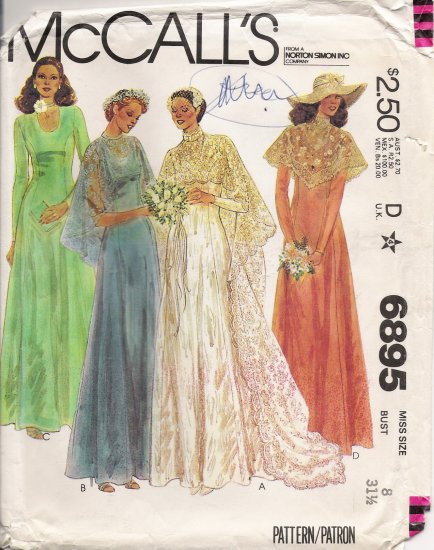 Vintage Sewing Pattern Misses' Bride & Bridesmaid Dress & Cape 1979 Size 8 McCall's 6895 UNCUT