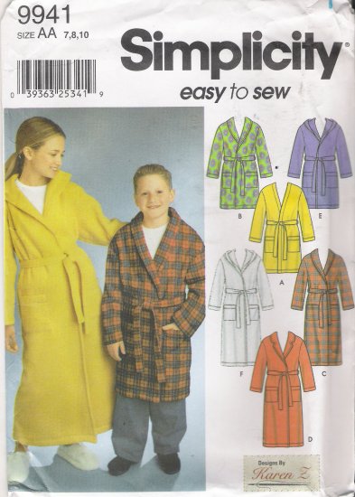 Girls' & Boys' Robe Sewing Pattern Size 7-10 Simplicity 9941 UNCUT