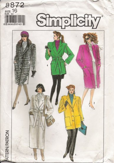 Misses' Lined Coat Sewing Pattern Size 16 Simplicity 8872 UNCUT