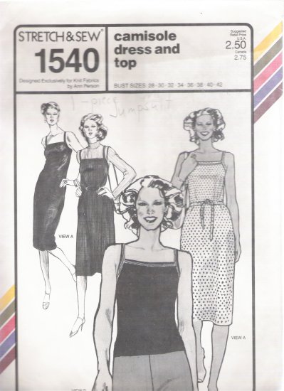 Vintage Sewing Pattern Camisole Dress & Top Bust Sizes 28-42 Stretch & Sew 1540 UNCUT