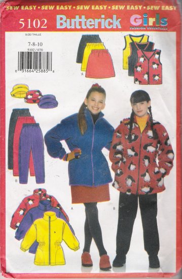 Girls' Jacket Vest Skirt Pants Hat Sewing Pattern Size 7-10 Butterick 5102 UNCUT