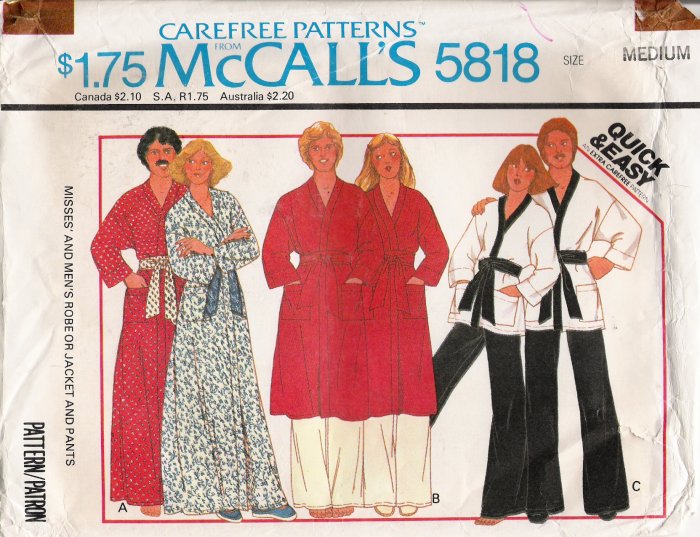 Vintage Sewing Pattern Misses' & Men's Robe Jacket Pants Size 36-38 McCall's 5818 UNCUT