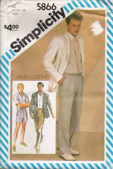 Vintage Sewing Pattern Men's Pants Shorts Shirt Jacket Size 40 Simplicity 5866 UNCUT