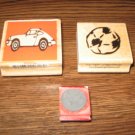 Car & Sports Balls Wood Mounted Rubber Stamp Lot Of 3