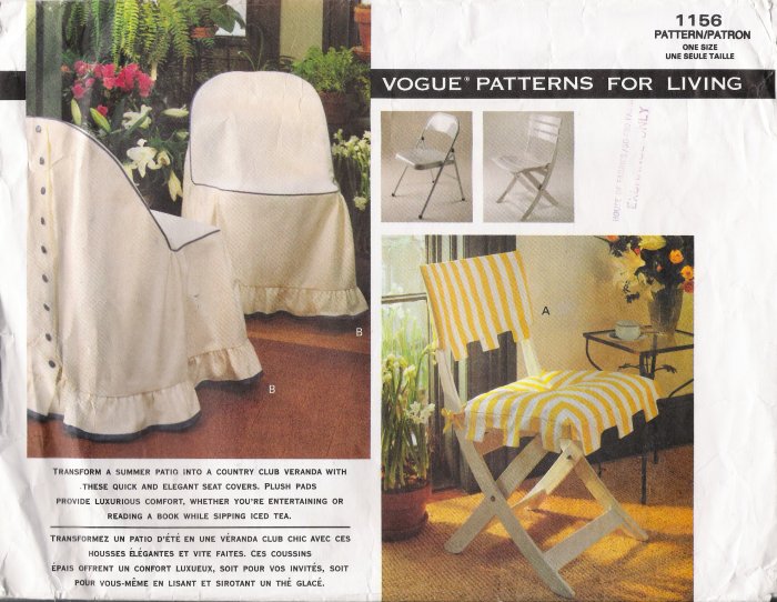 Patio Furniture Seat Covers & Pads Sewing Pattern Vogue 1156 UNCUT