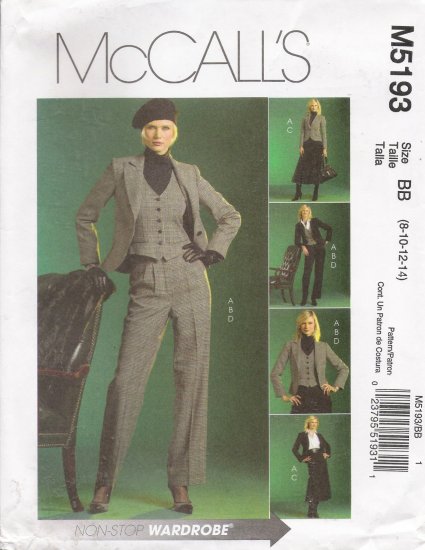 Misses' Jacket Vest Skirt Pants Sewing Pattern Size 8-14 McCall's 5193 UNCUT