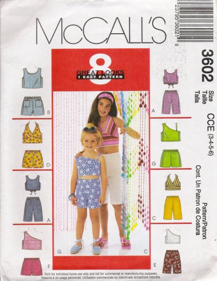 Children's & Girls' Top and Shorts Sewing Pattern Size 3-6 McCall's 3602 UNCUT