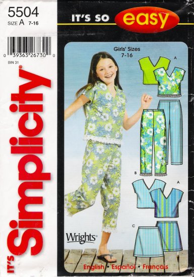 Girls' Top Capri Pants Skirt Sewing Pattern Size 7-16 Simplicity 5504 UNCUT