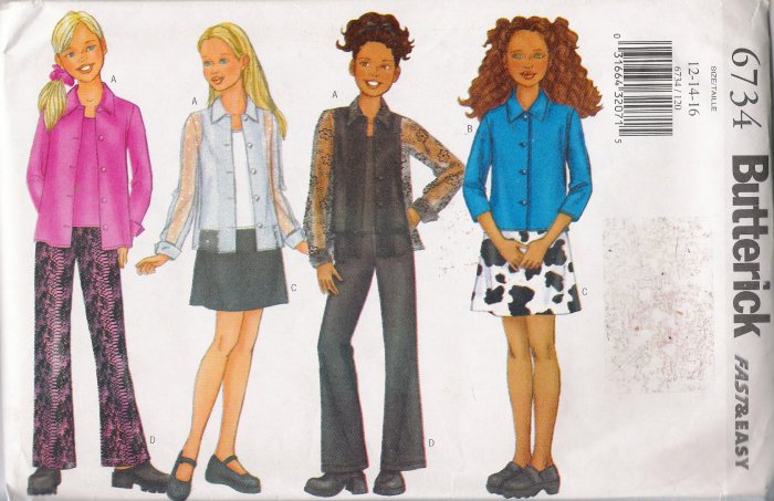 Girls' Shirt Camisole Skirt Pants Sewing Pattern Size 12-16 Butterick 6734 UNCUT