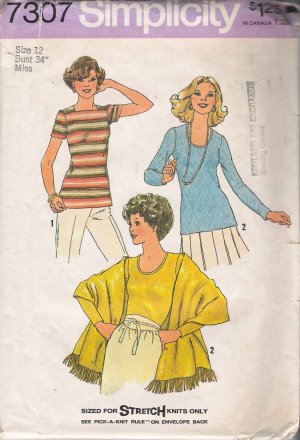 Vintage Sewing Pattern Misses' Pullover Tops & Shawl Size 12 Simplicity 7307 UNCUT