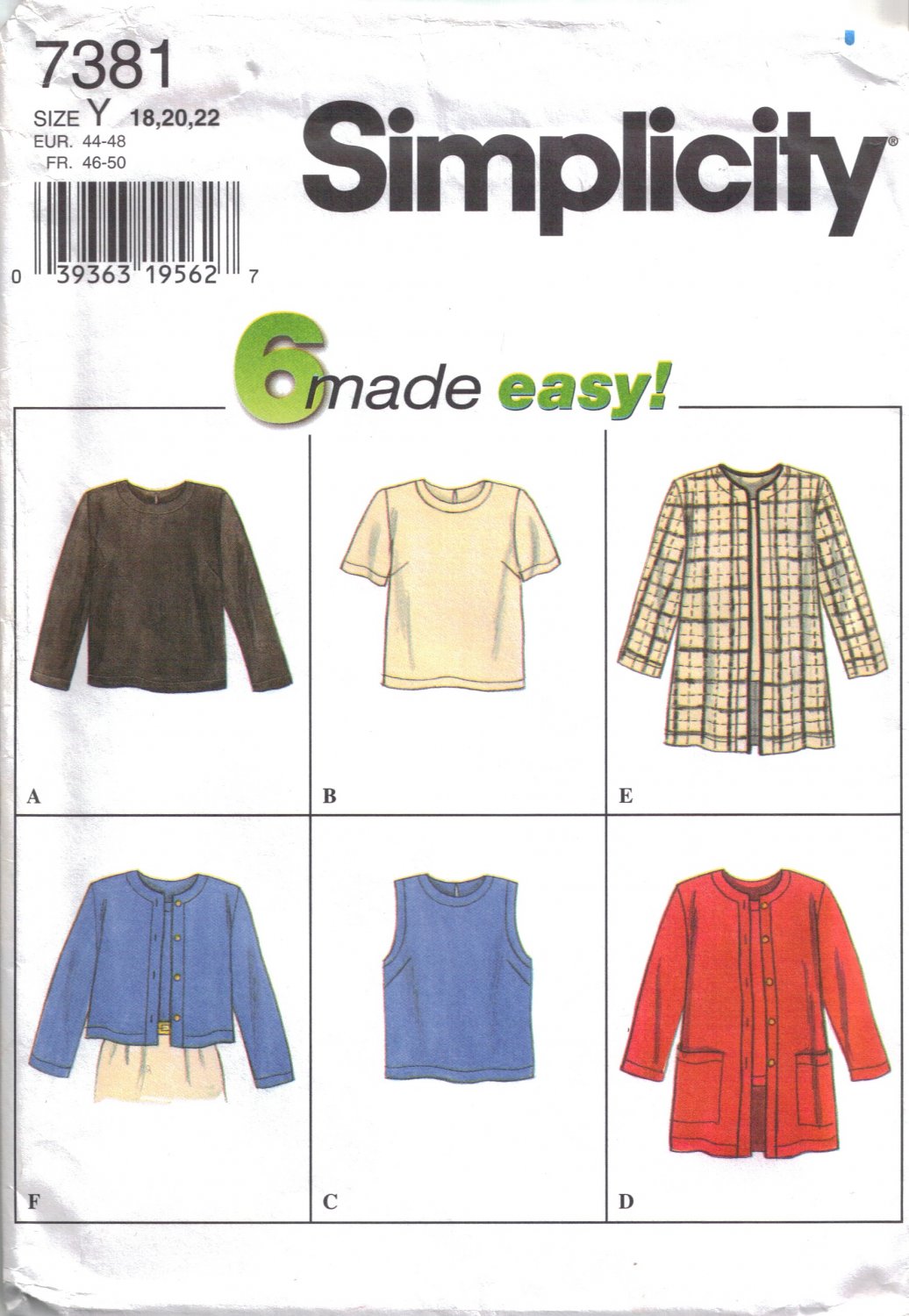 Misses' Tops & Jacket Sewing Pattern Size 18-22 Simplicity 7381 UNCUT