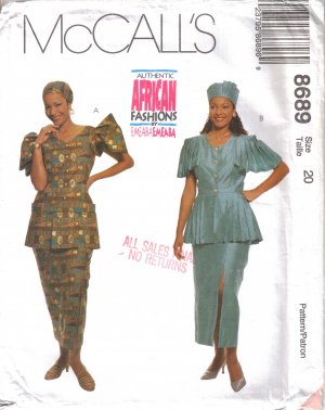 Misses' Two Piece Dress, Hat & Headwrap Sewing Pattern Size 20 McCall's 8689 UNCUT