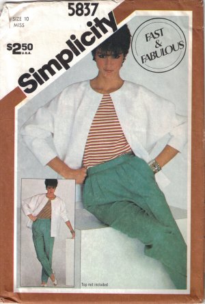 Misses' Pleated Pants & Jacket Sewing Pattern Size 10 Simplicity 5837 UNCUT