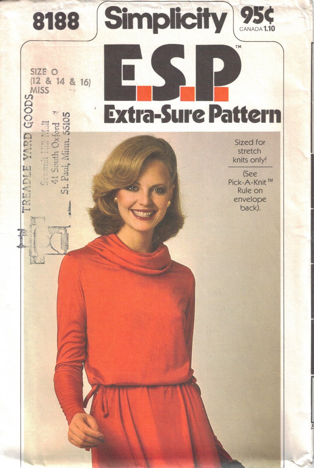 Vintage Sewing Pattern Misses' Pullover Cowl-Neck Dress Size 12-16 Simplicity 8188 UNCUT