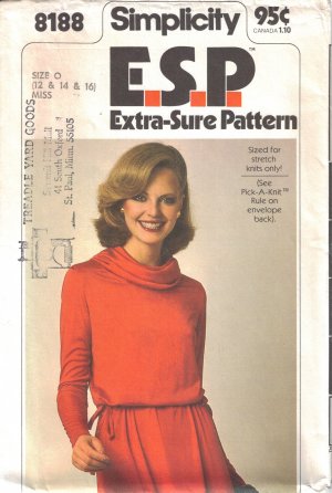 Vintage Sewing Pattern Misses' Pullover Cowl-Neck Dress Size 12-16 Simplicity 8188 UNCUT
