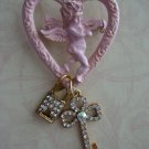 BROOCH, PIN, Pink Angel and Heart with Lock and Key