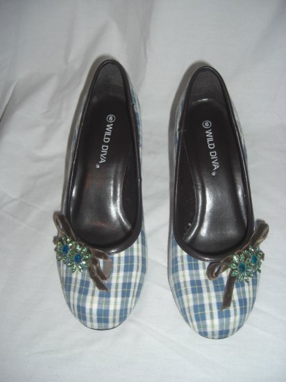 NIB Retro Rockabilly Style 3" Plaid Jeweled Round Toe Heels Size 7