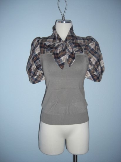 New 2fer Plaid Neck tie Career Sweater Top S Small