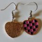 Pink & Black Alice in Wonderland Style Gold Checkerboard Heart Dangle Earrings