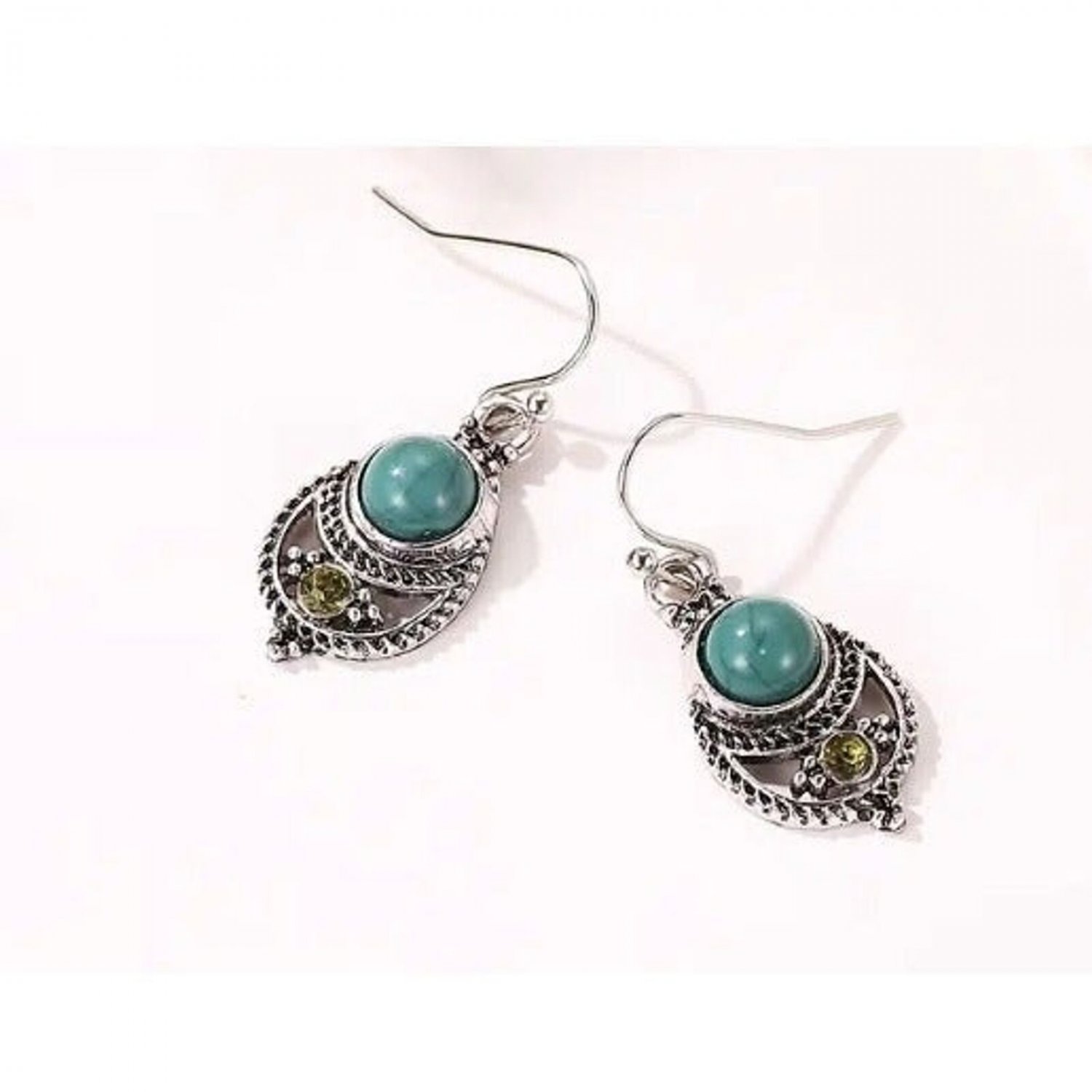 Small Antique Silver Boho Sheek Green Turquoise Drop Dangle Earrings