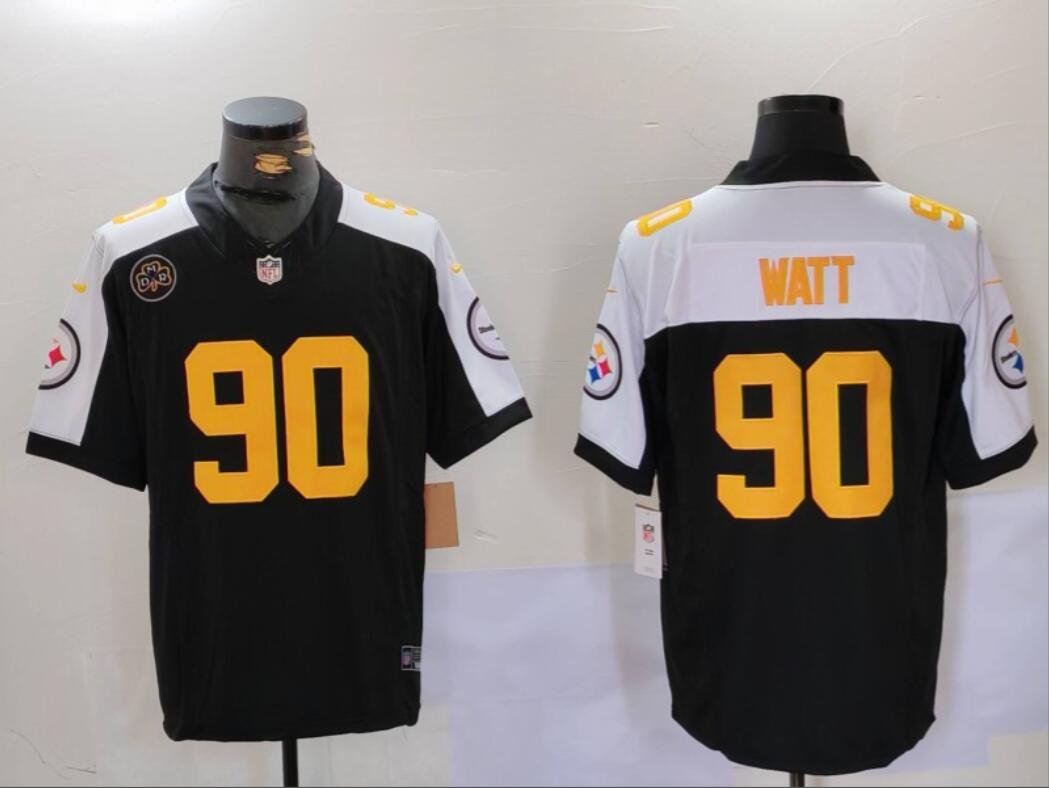 Men's T.J. Watt #90 Steelers Fashion Game Jersey - Black & White Christmas Gift